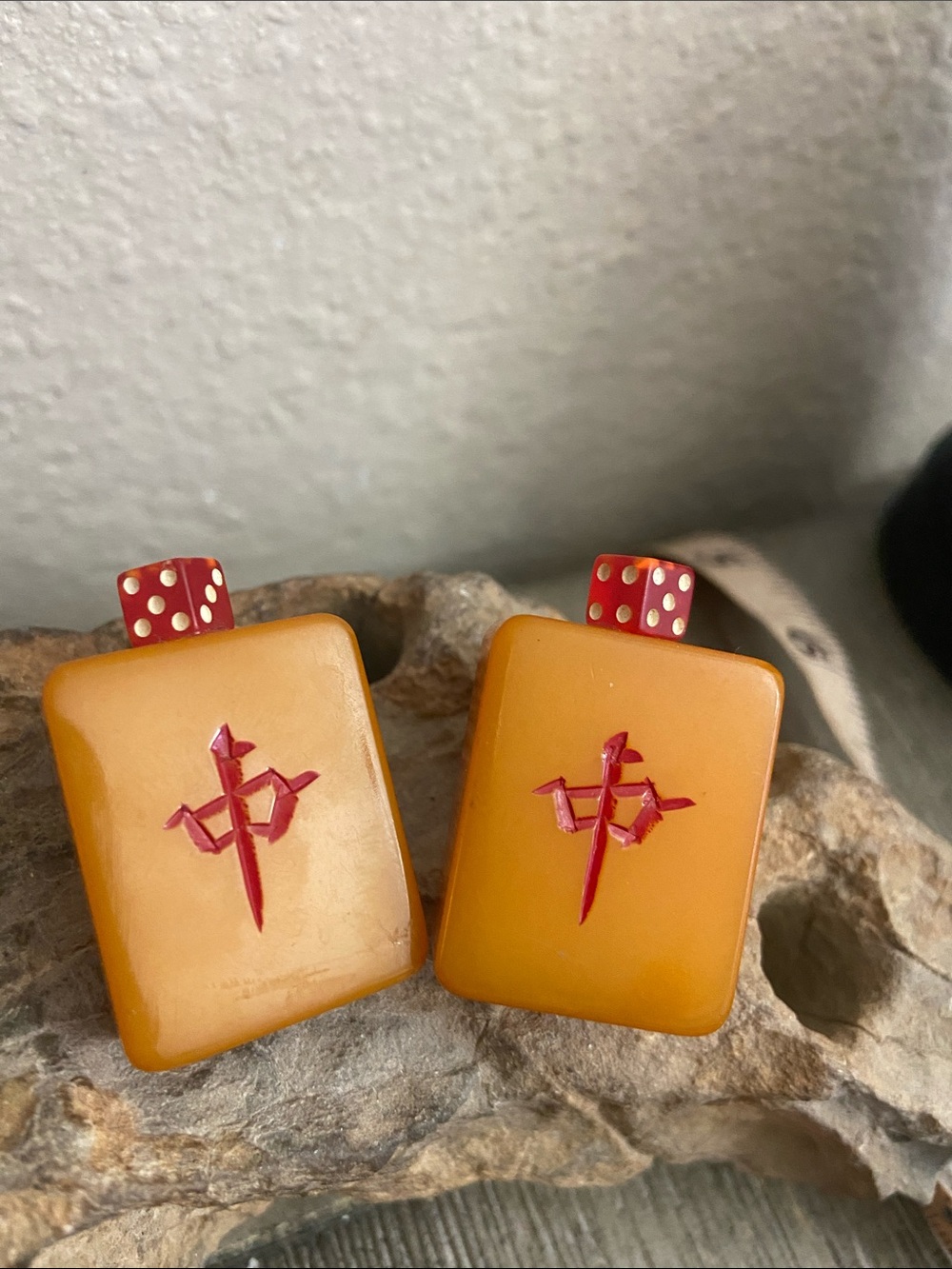 Vintage Bakelite Mahjong Red Dragon Tile Stud Earrings